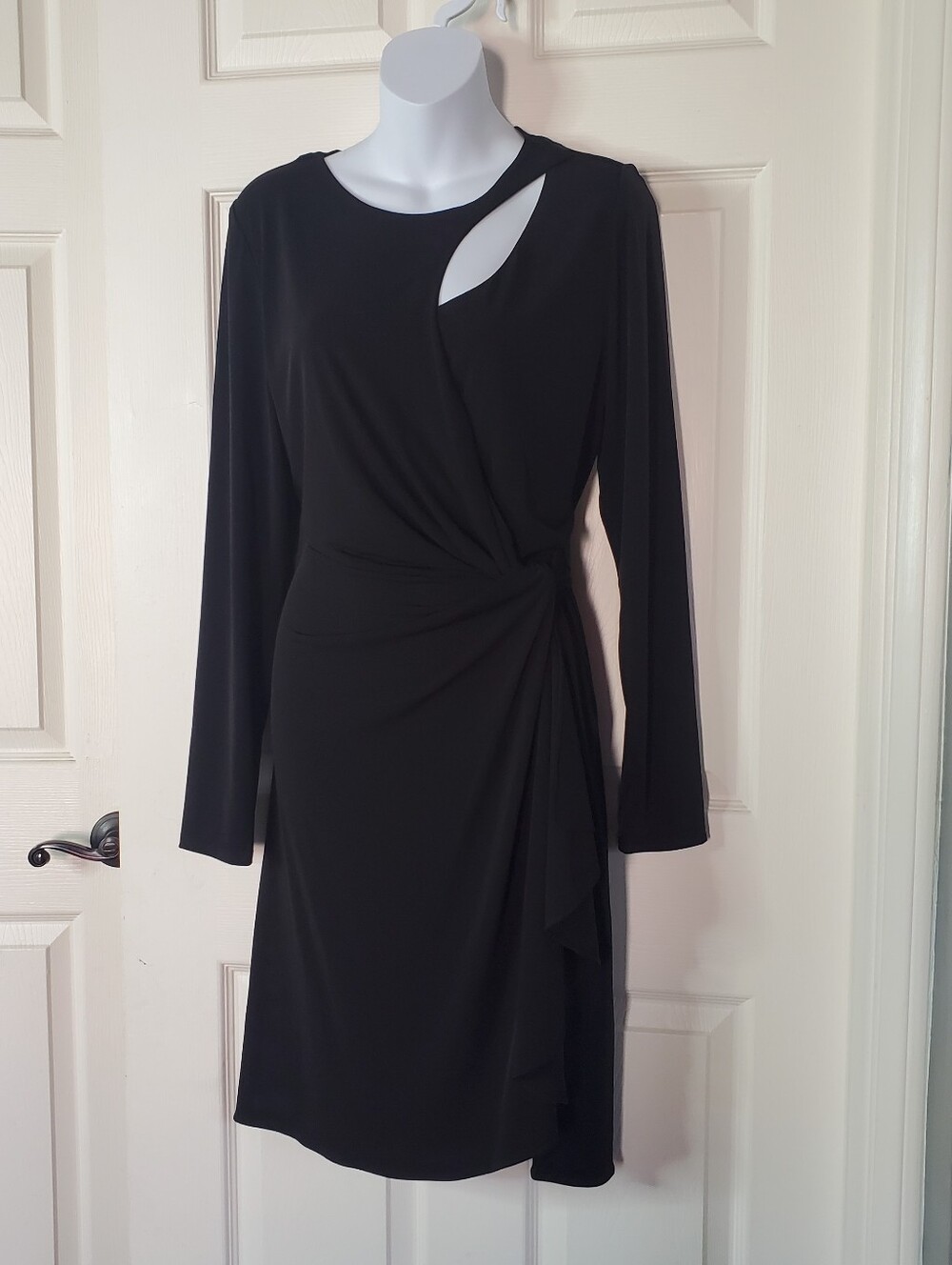 Tahari Gordana Black Mini Dress Cutout Neckline Faux Wrap Cascade Elegant Classy